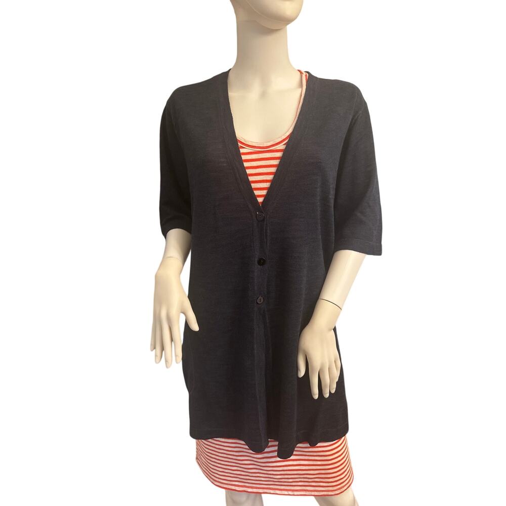 J. Jill Cardigan Preppy Nautical Lagenlook Large Blue Linen Rayon Sweater